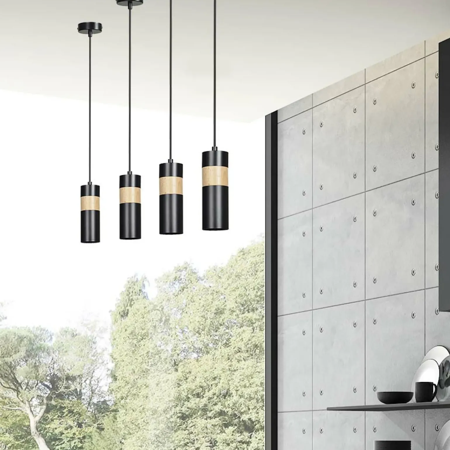 Online Czarna lampa wisząca z drewnianym elementem 732/1 z serii AKA Żyrandole Nowoczesne