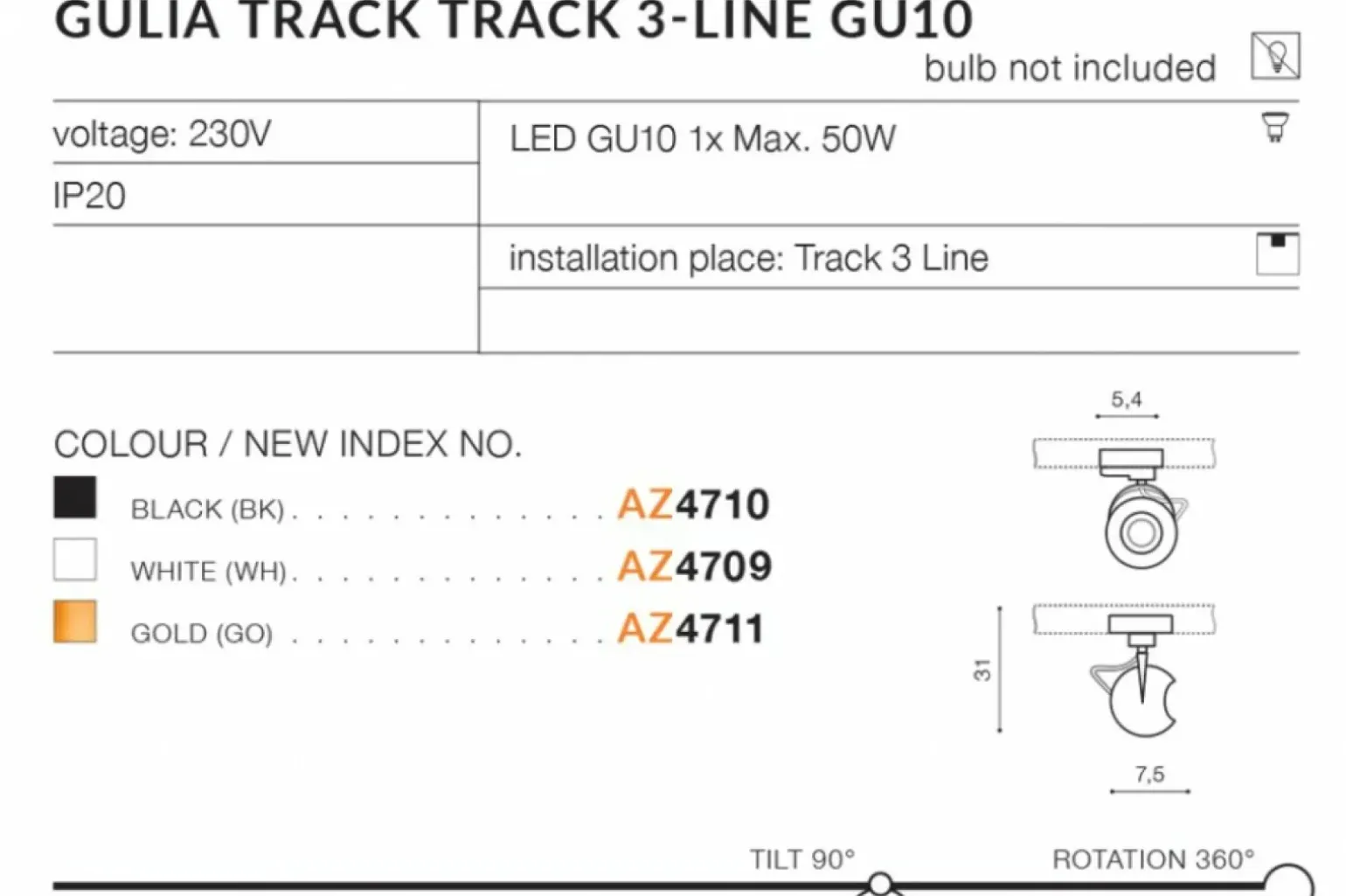 Sklep Kaja Czarno-złota głowica do szyny 3-fazowej AZ4711 GULIA | Kaja
