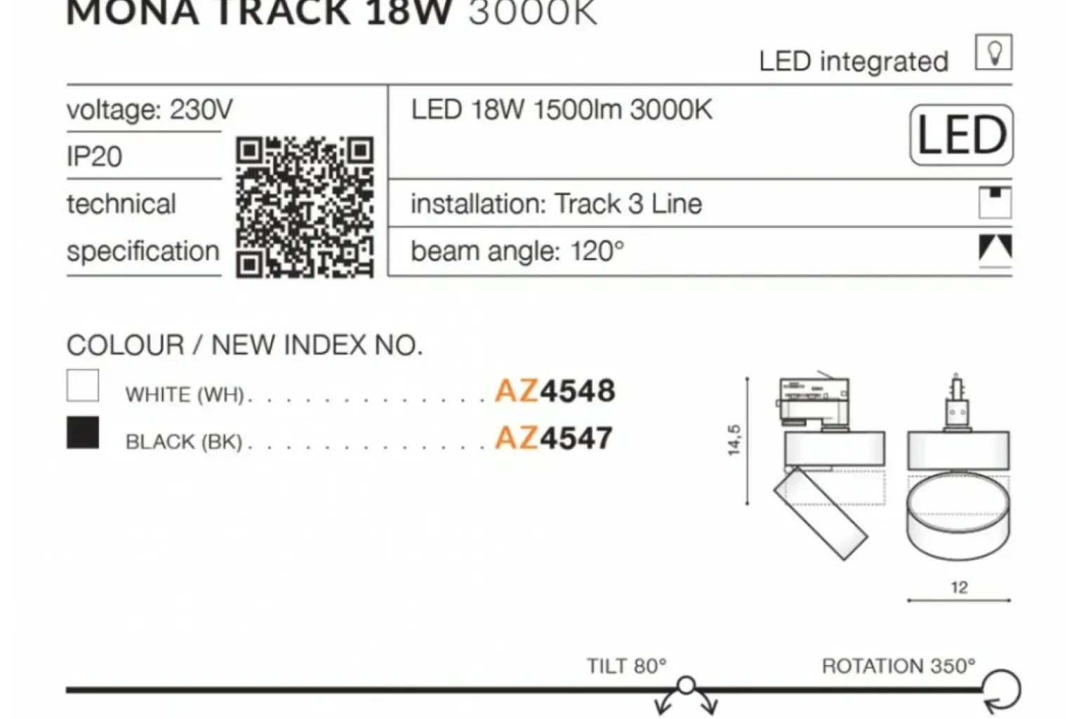 Sklep Kaja Głowica LED do szyny 3-fazowej natynkowej AZ4548 MONA | Kaja