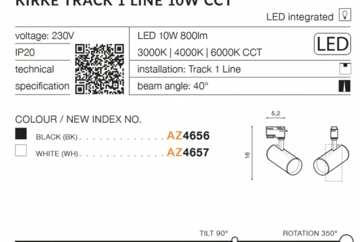 Sklep Kaja Głowica reflektor LED do szyny 1-fazowej AZ4656 KIRKE | Kaja