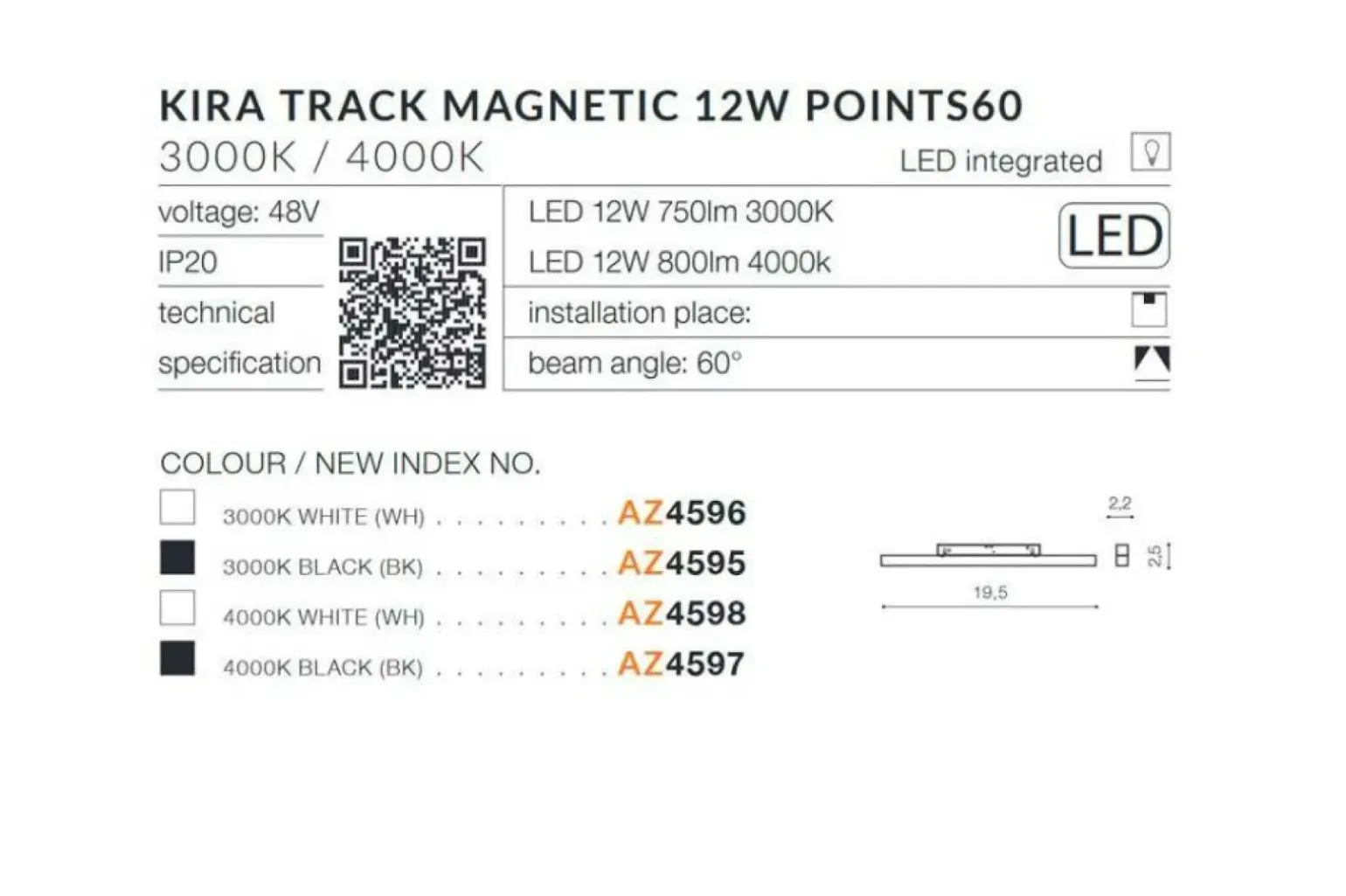 Sklep Kaja Lampa liniowa LED 19,5cm 12W 3000K AZ4596 KIRA ALFA MAGNETIC 48V