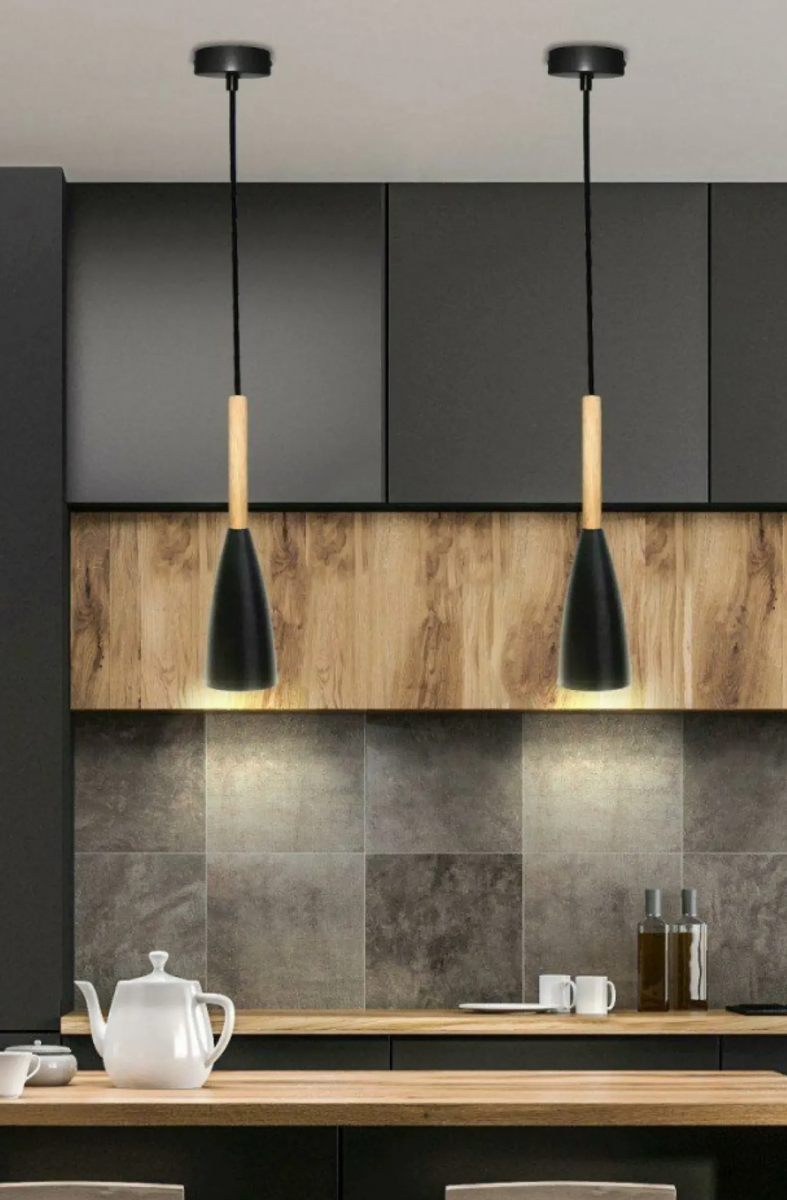 Best Lampa wisząca czarna z drewnem LEDEA 50101264 TROSA | Kaja Oświetlenie Żyrandole Nowoczesne