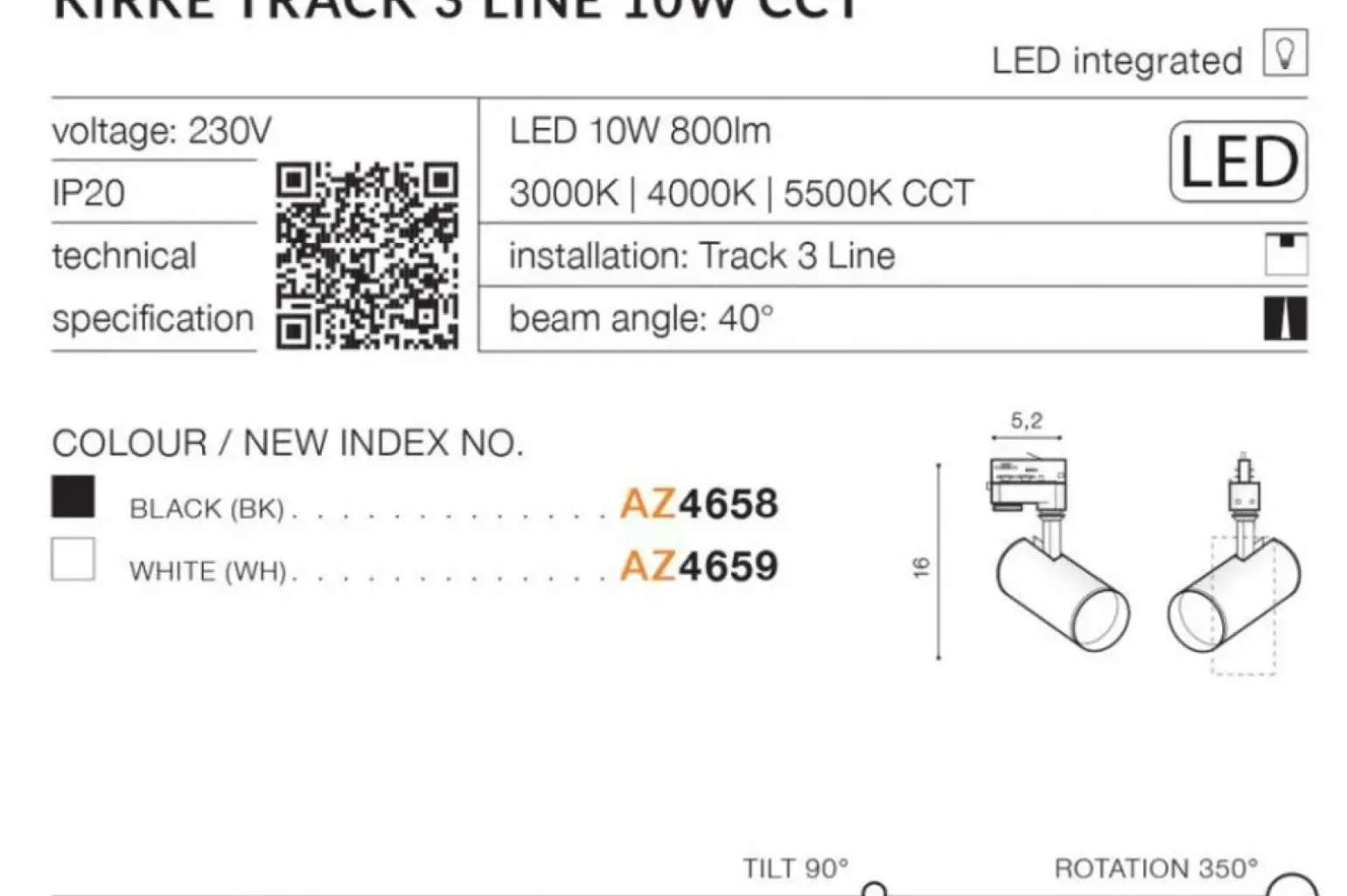 Sklep Kaja Ledowy reflektor do białej szyny 10W CCT AZ4659 KIRKE TRACK 3LINE