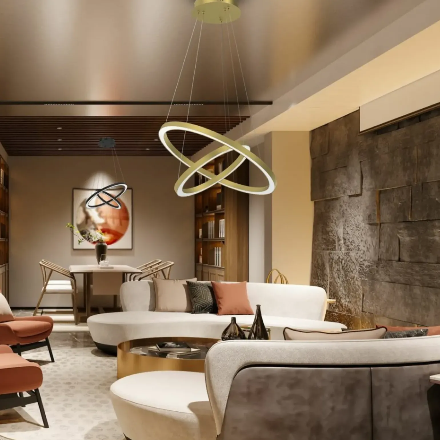 Store Złota, matowa lampa wisząca, dwa okręgi ML8423 z serii GALAXIA | Kaja Oświetleni Żyrandole Nowoczesne