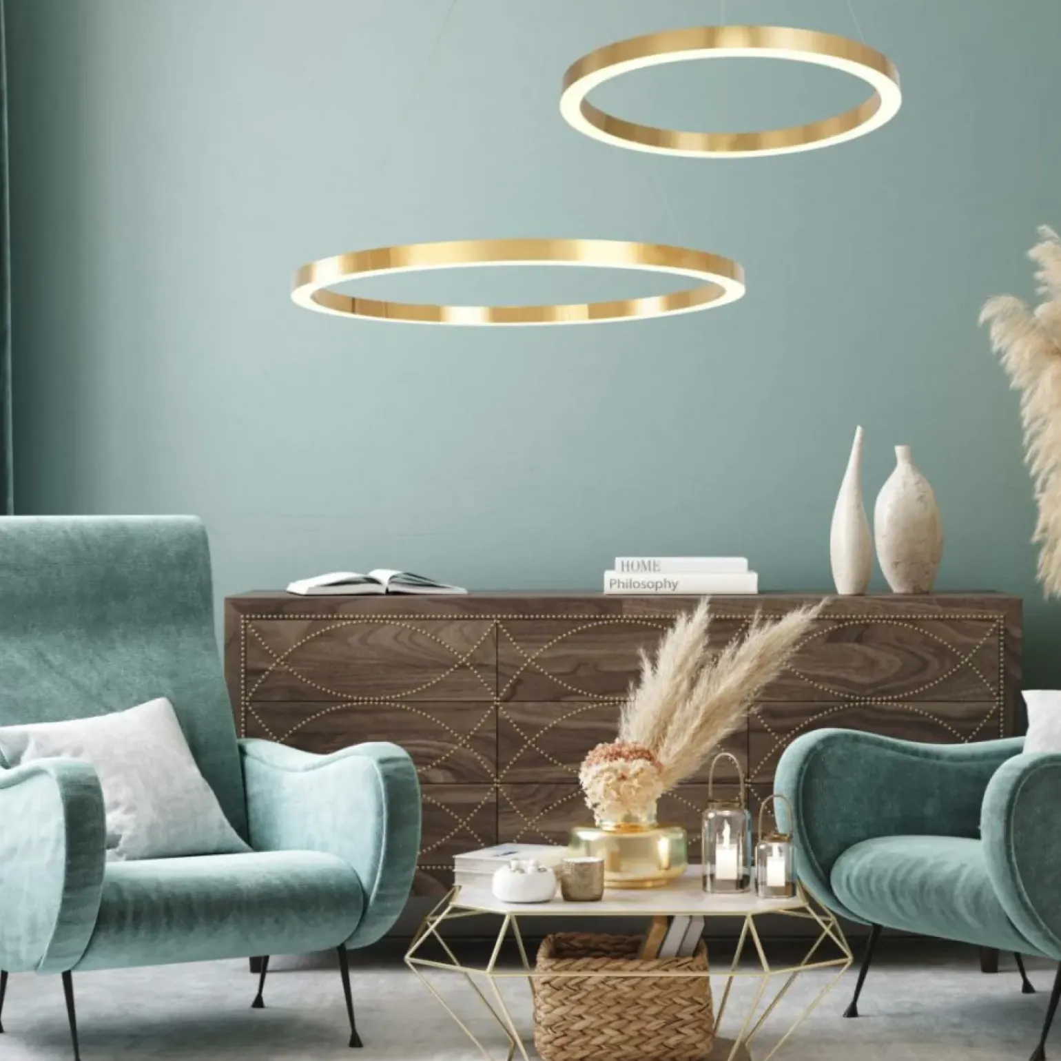 Best Złota obręcz LED wisząca do salonu LP-033/1P L GD SHINY z serii MIDWAY Żyrandole Nowoczesne