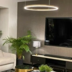 Best Złota obręcz LED wisząca do salonu LP-033/1P L GD SHINY z serii MIDWAY Żyrandole Nowoczesne